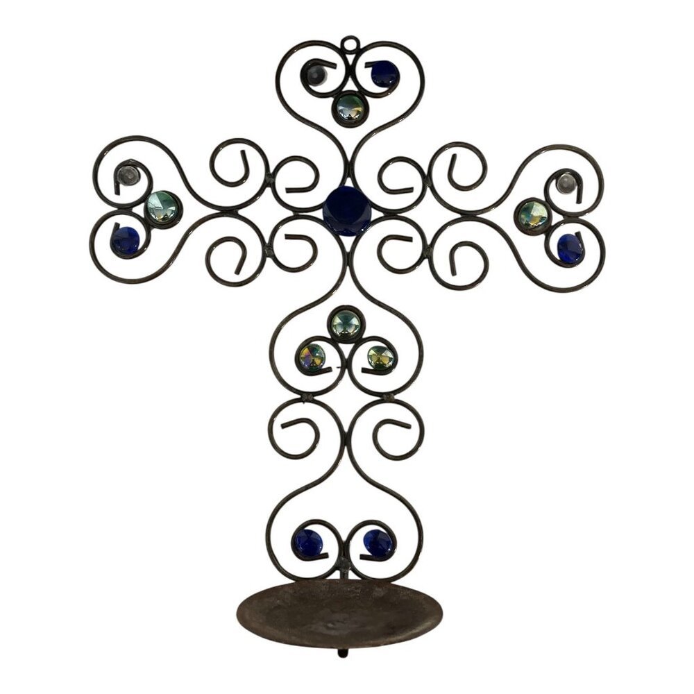 Vintage Wrought Iron Wall Cross Candle Holder – 16” x 14” with Blue & Iridescent